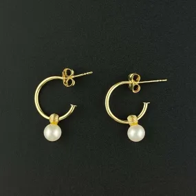 14K Gold Hoop Pearl Charm Stud Earrings