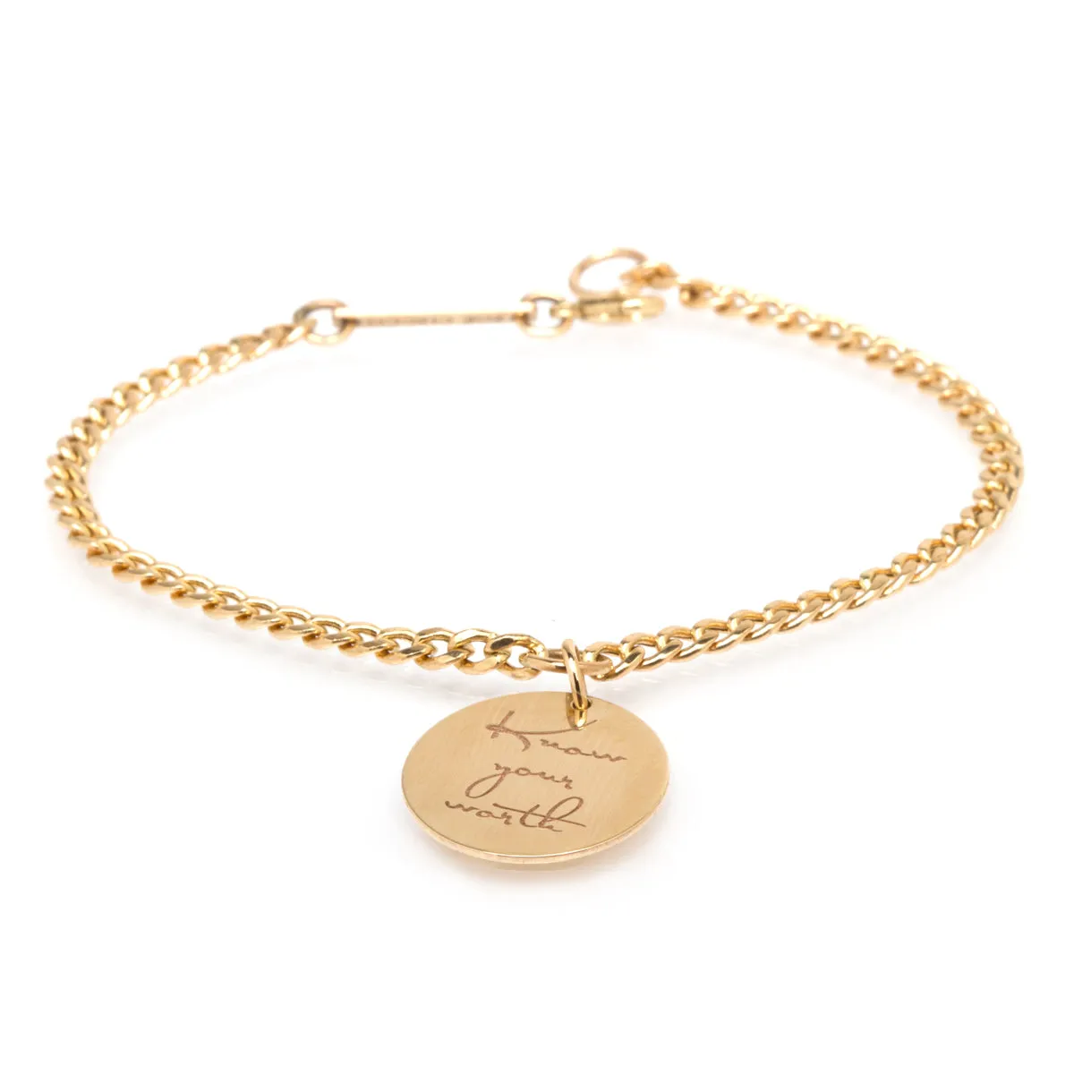 14k Small Mantra Charm Curb Chain Bracelet