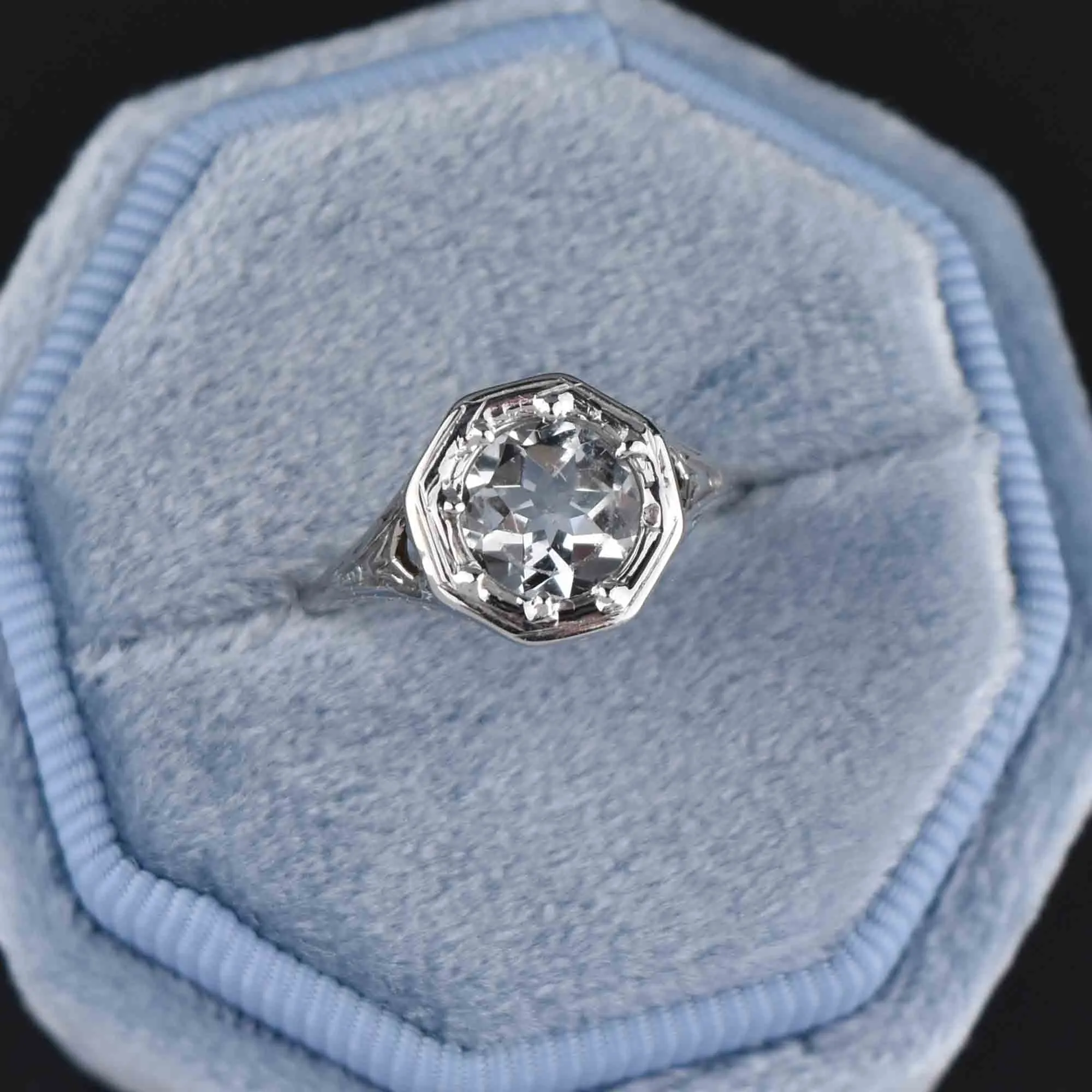 14K White Gold Filigree Aquamarine Ring