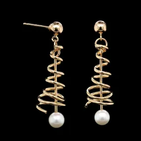 14K Yellow Gold Estate Cultured Pearl Swirl Drop Earrings