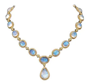 18K Brushed Yellow Gold Cabochon Bezel Set Moonstone Necklace With Diamond Accents