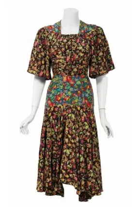 1970 Alice Pollock for Quorum Floral Print Rayon Flutter Sleeve Bias-Cut Dress