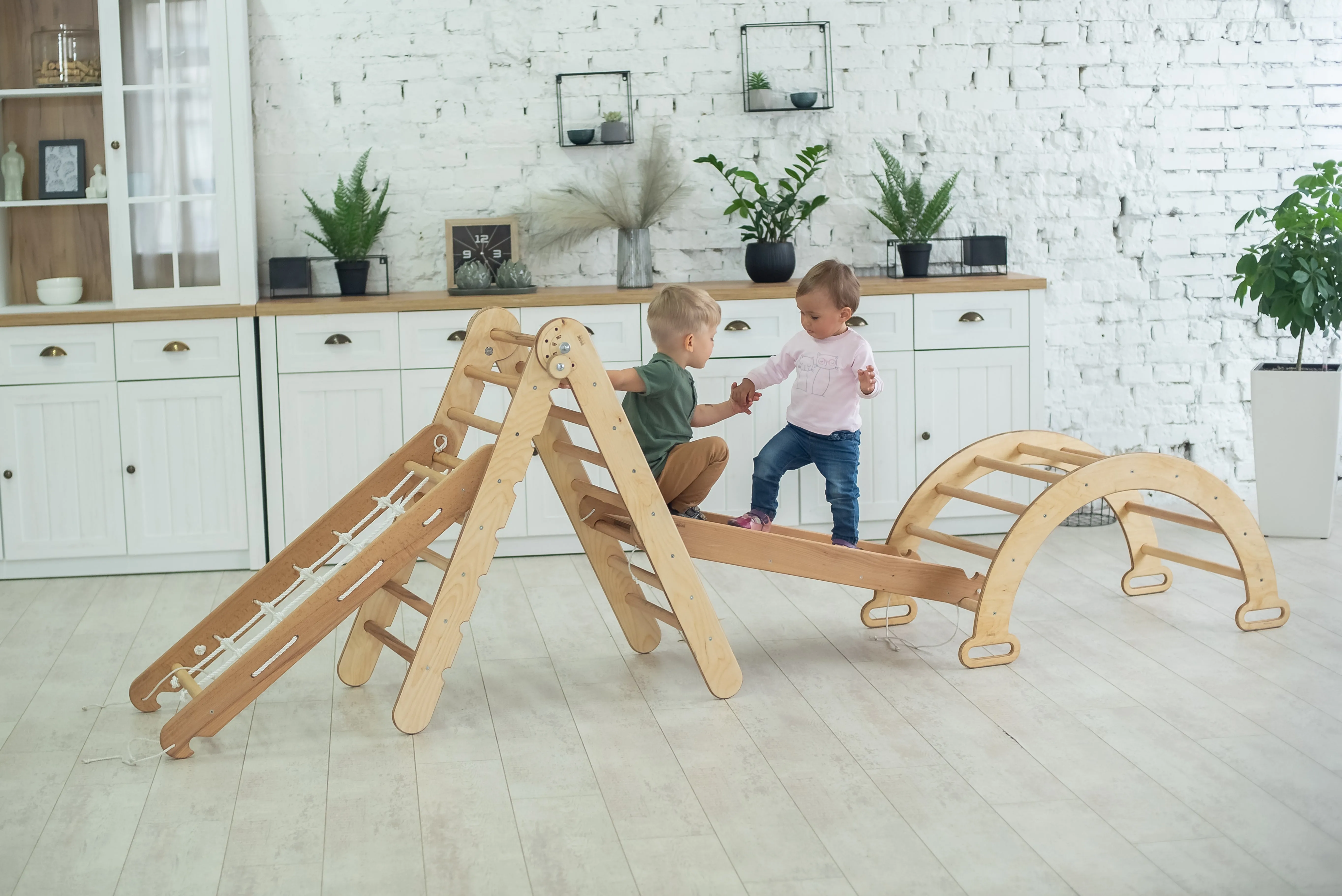 4in1 Montessori Climbing Set: Triangle Ladder   Arch/Rocker   Slide Board/Ramp   Climbing Net – Beige