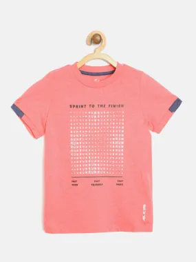 Alcis Boys Coral Pink & White Slim Fit Typography Print Round Neck Running T-shirt