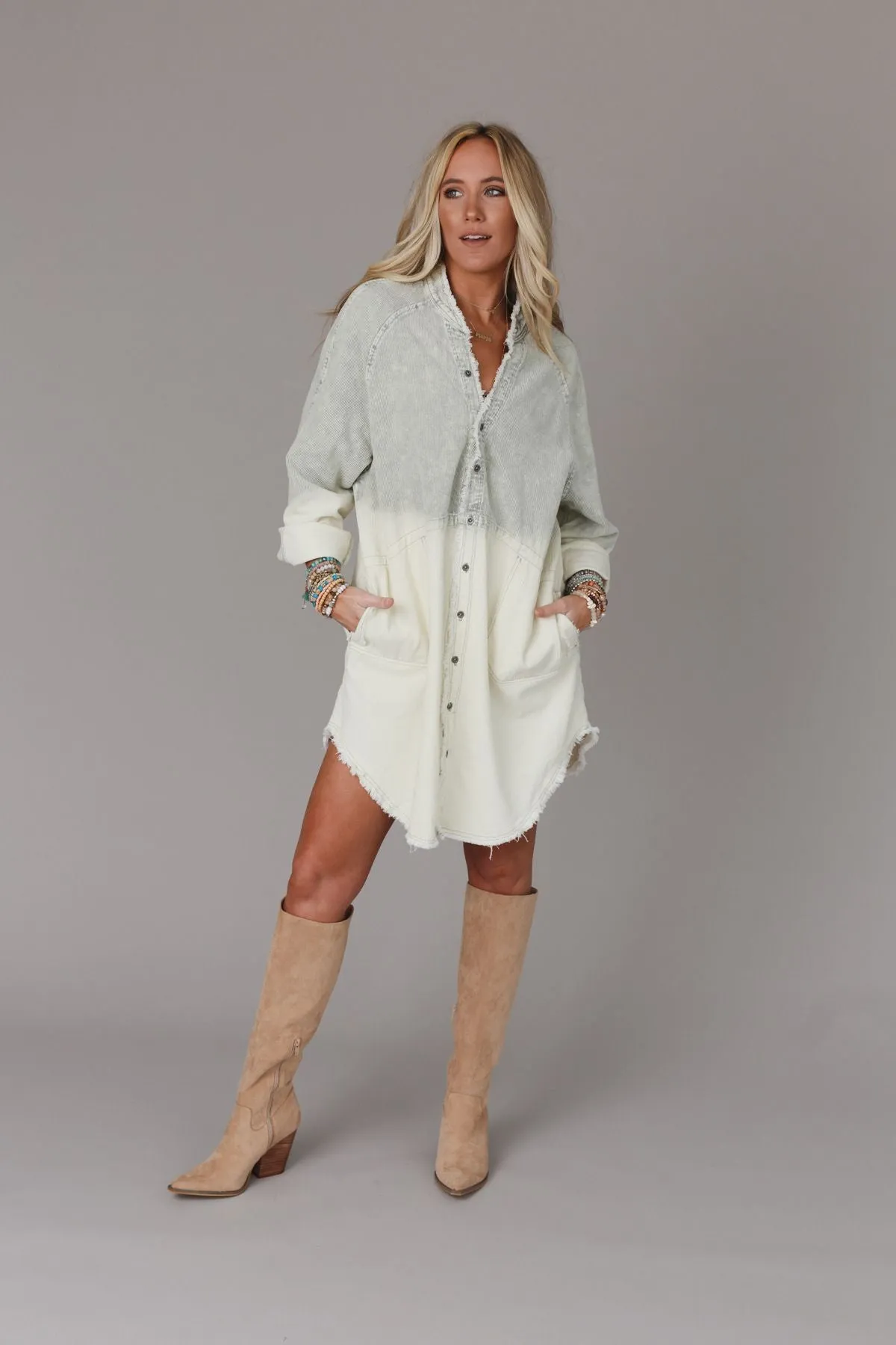 All You Do Tie Dye Corduroy Tunic Dress - Sage Ombré