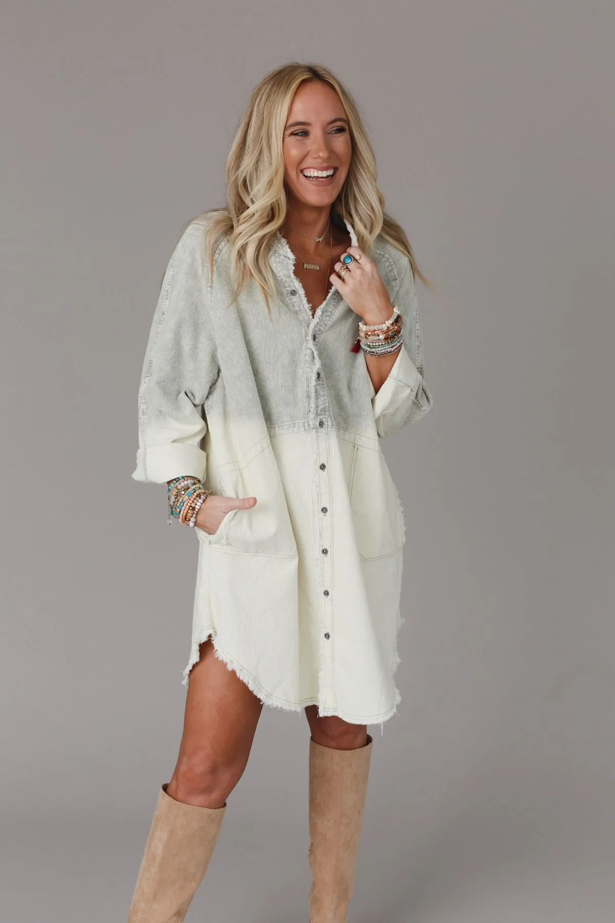 All You Do Tie Dye Corduroy Tunic Dress - Sage Ombré