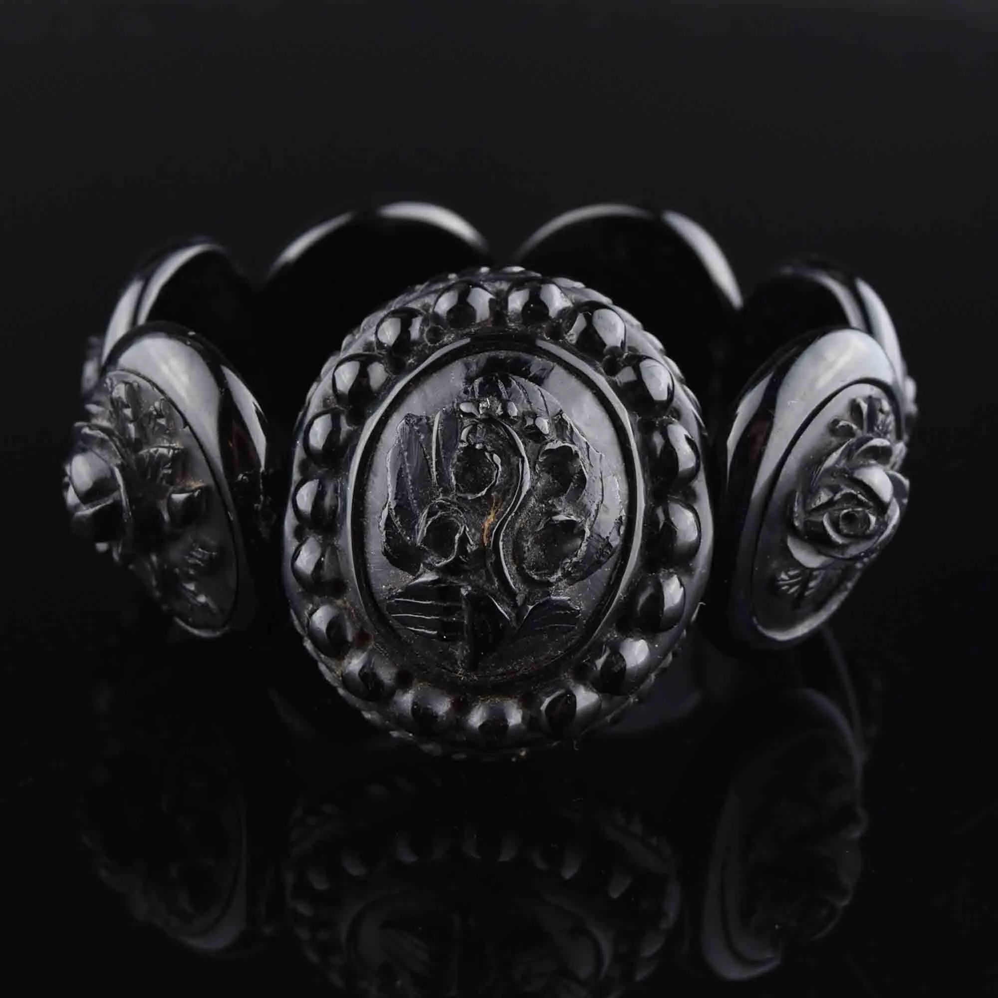 Antique Victorian Carved Whitby Jet Rose Bracelet