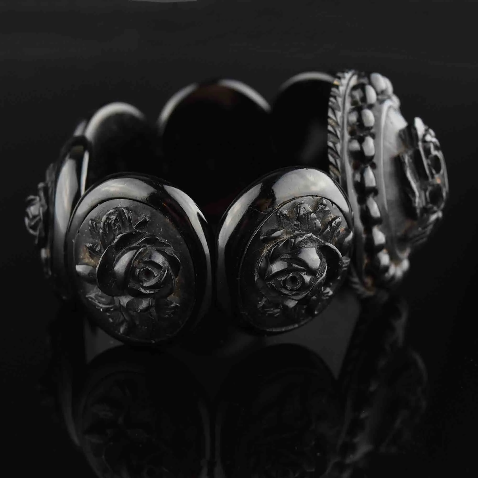 Antique Victorian Carved Whitby Jet Rose Bracelet