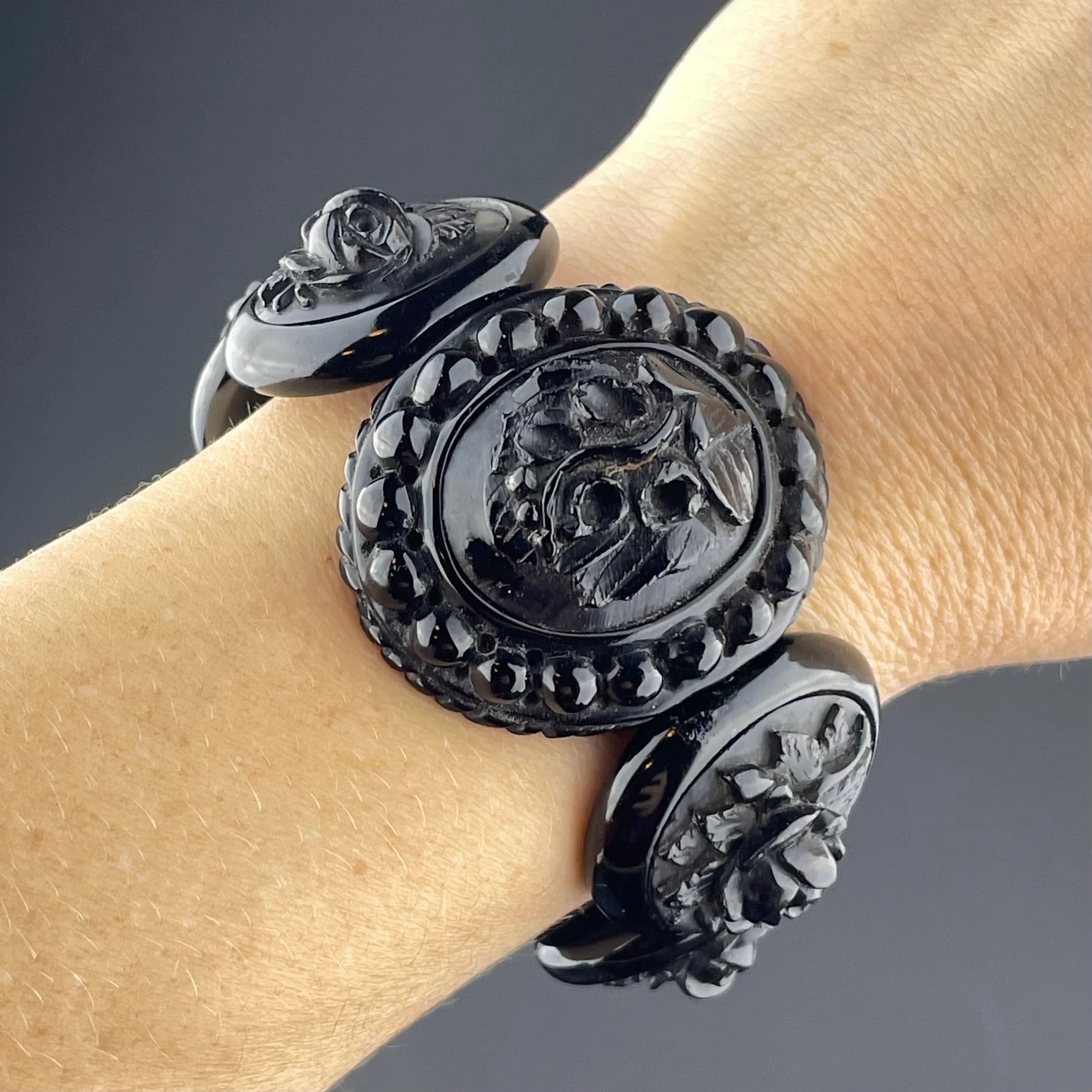 Antique Victorian Carved Whitby Jet Rose Bracelet