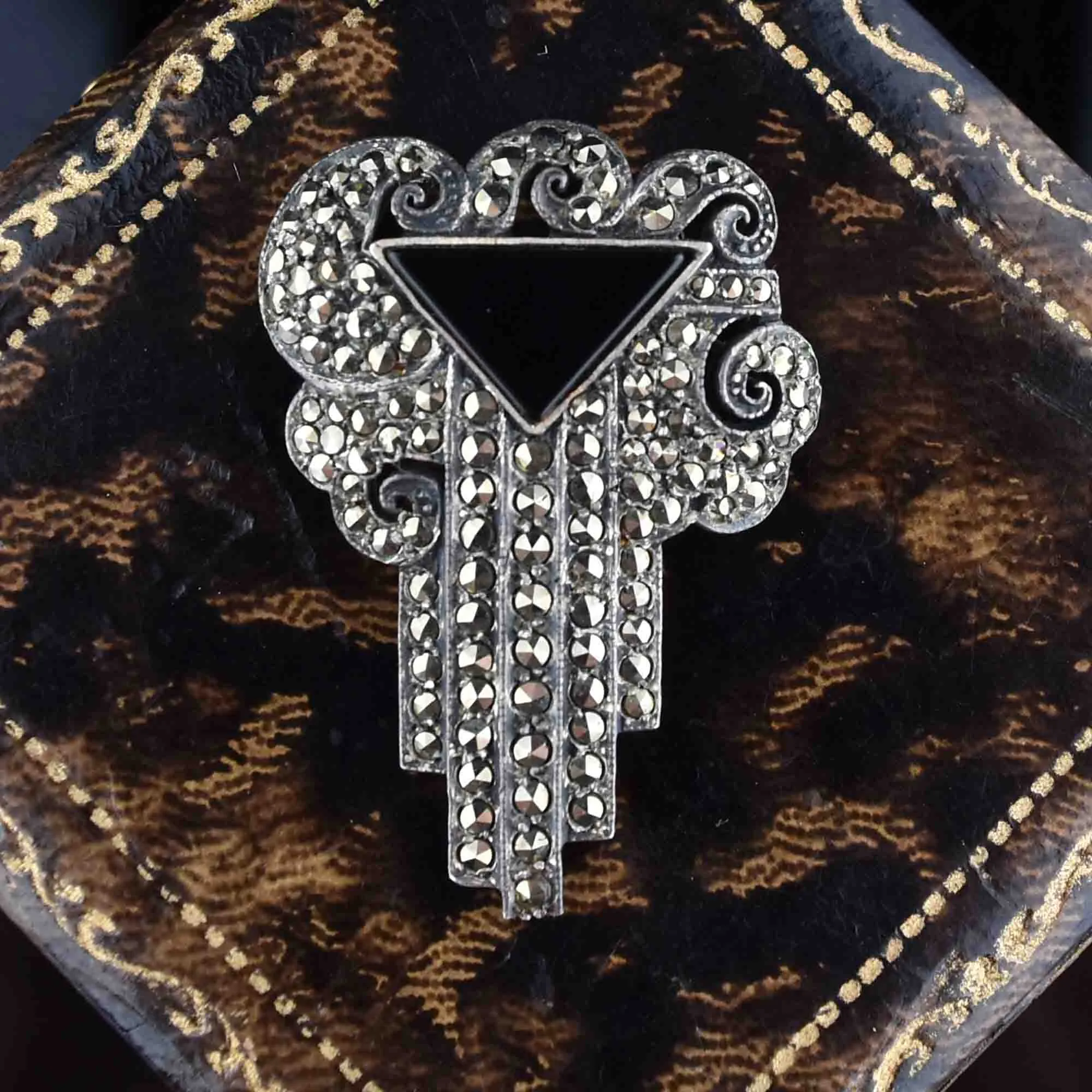 Art Deco Style Silver Marcasite Onyx Brooch