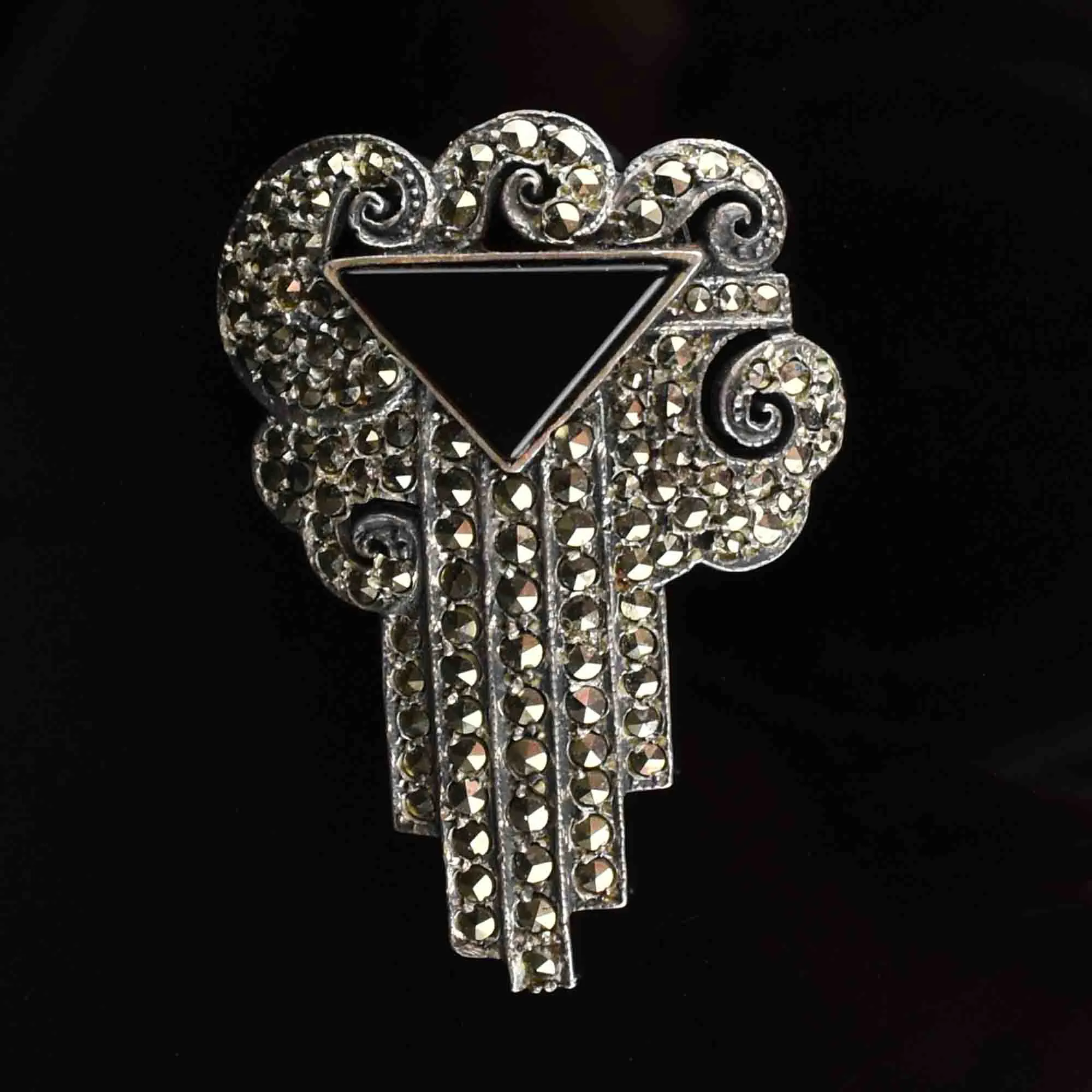 Art Deco Style Silver Marcasite Onyx Brooch