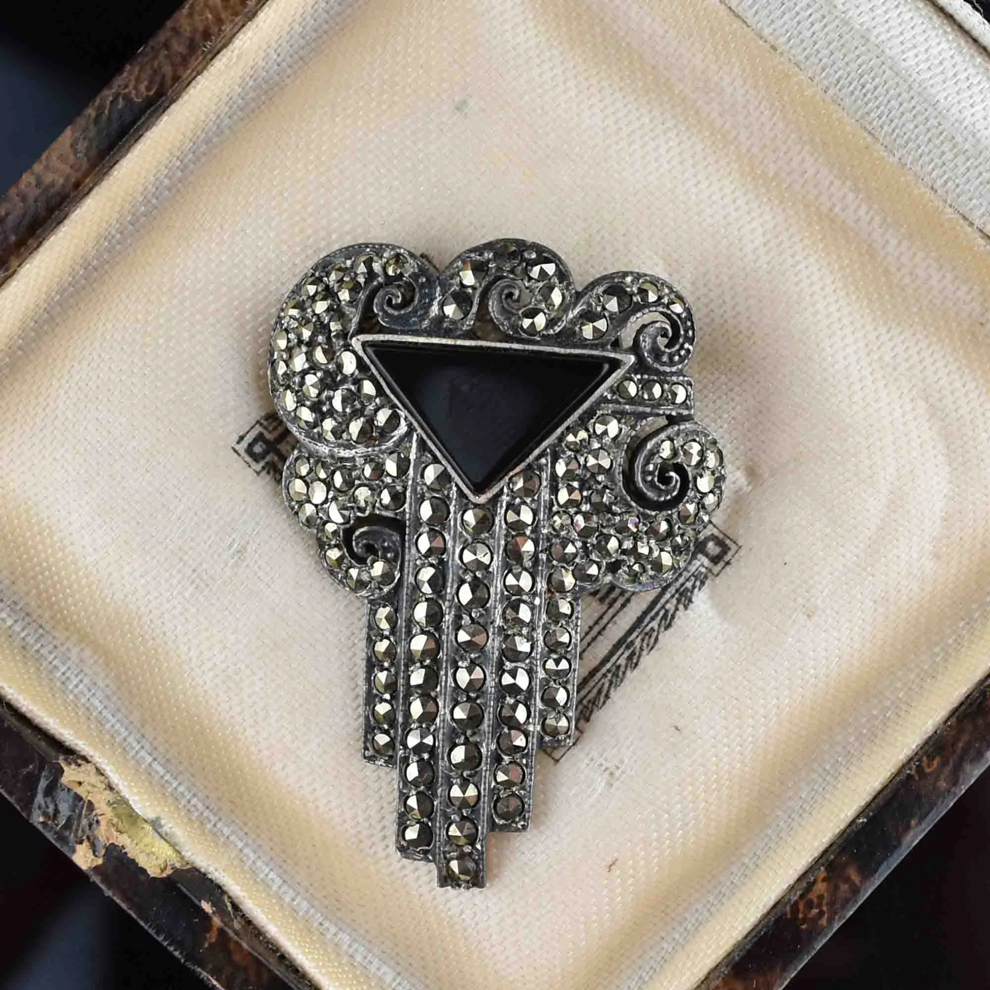 Art Deco Style Silver Marcasite Onyx Brooch