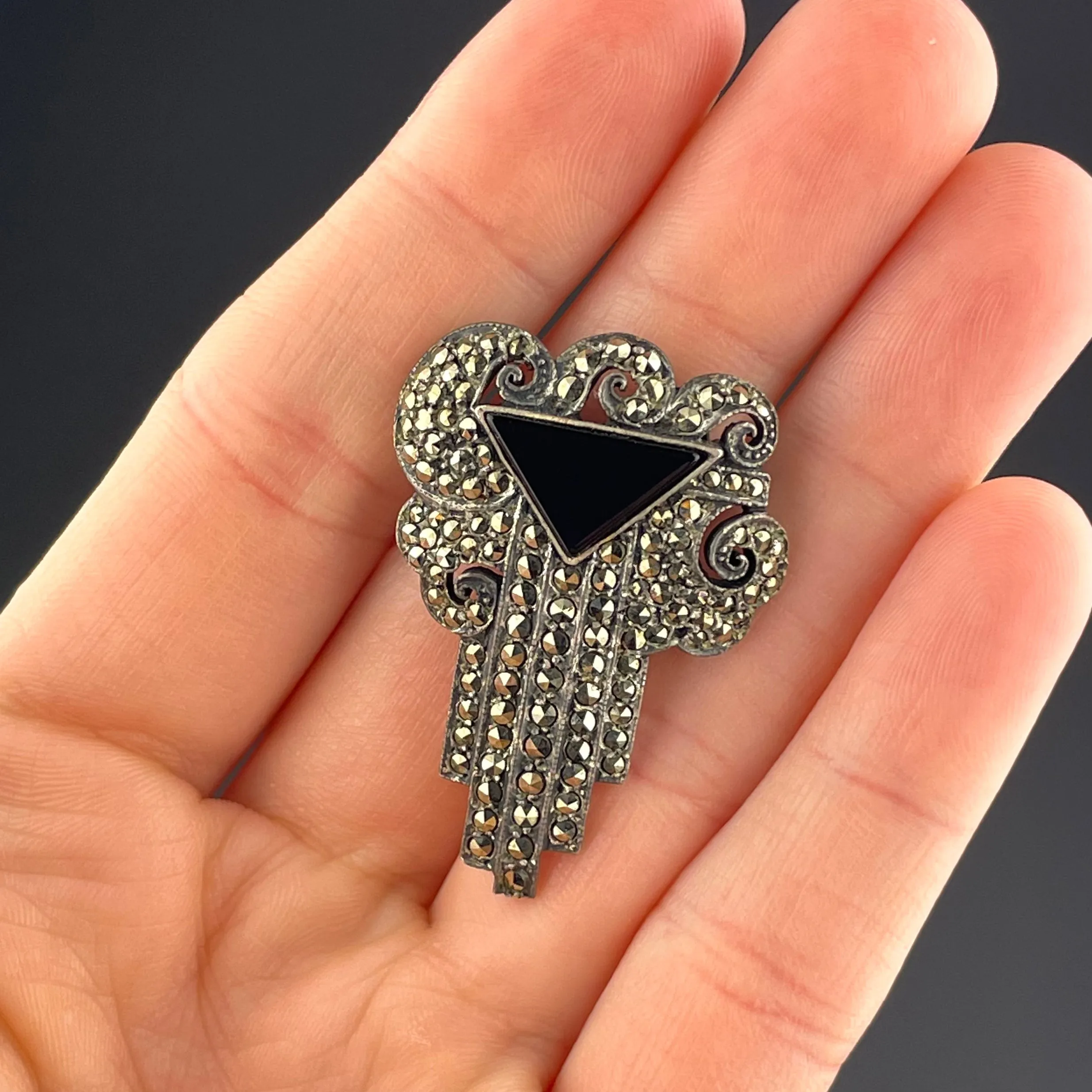 Art Deco Style Silver Marcasite Onyx Brooch