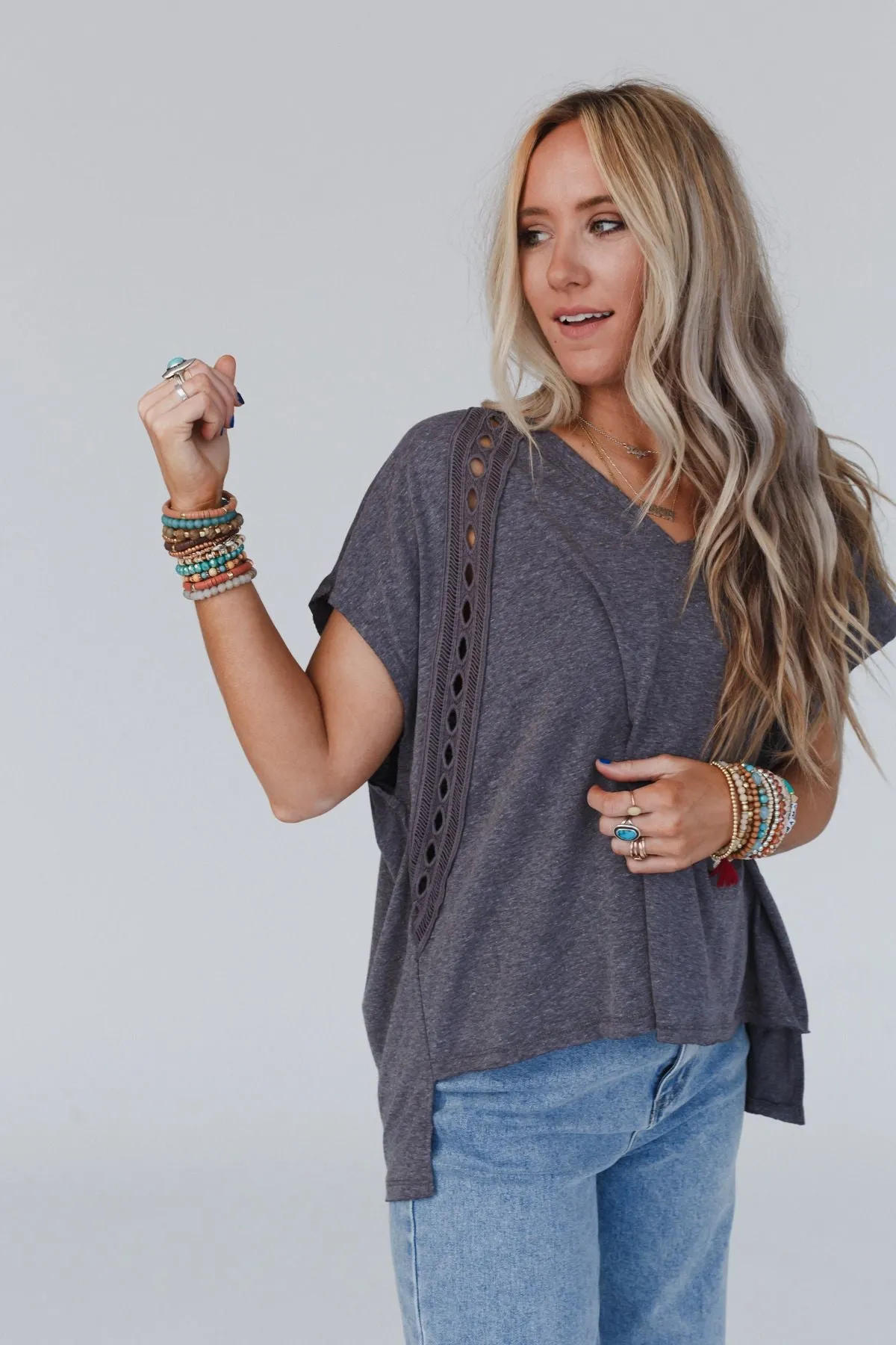 Camden Lace V Neck Top - Charcoal