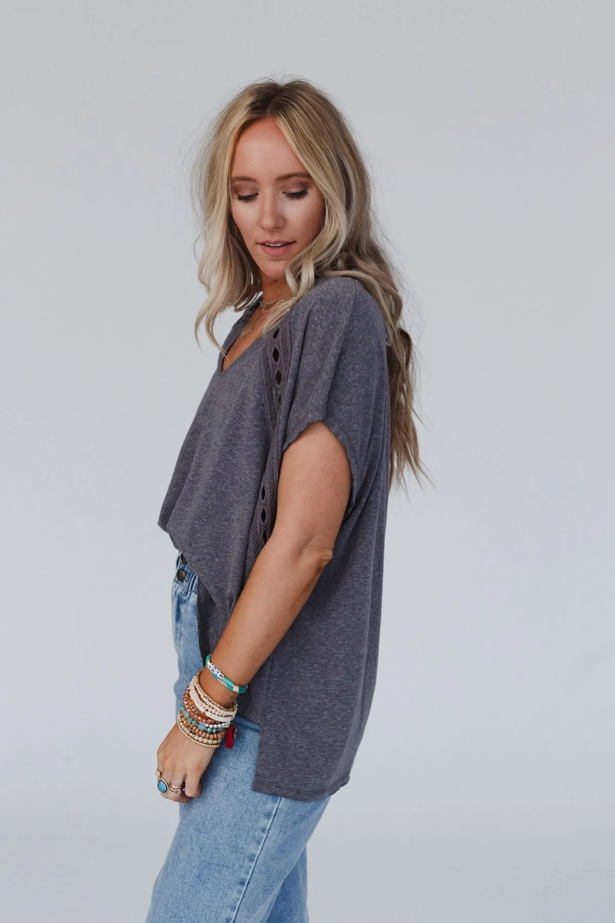 Camden Lace V Neck Top - Charcoal