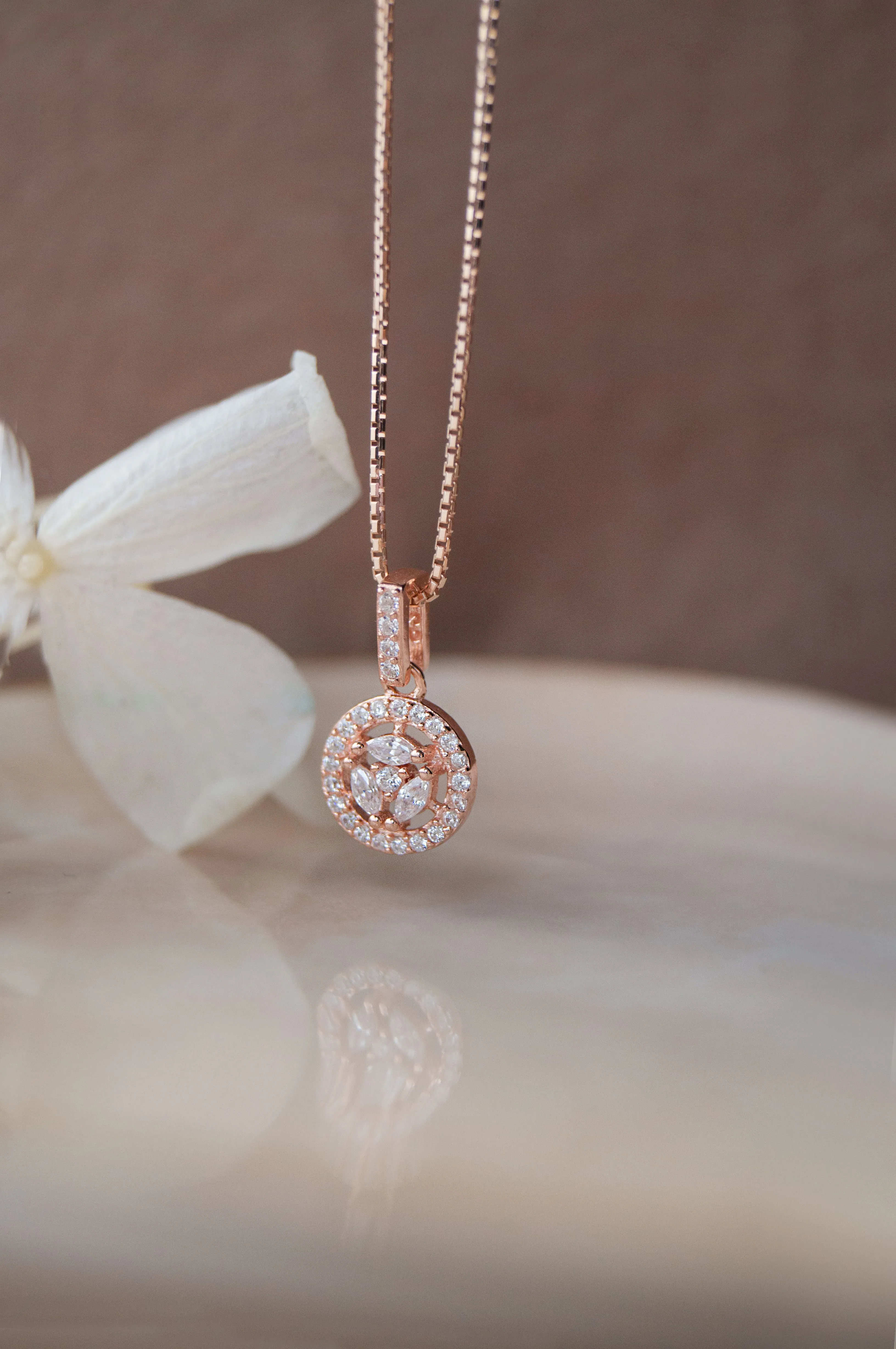 Circular Floret Rose Gold Plated Sterling Silver Pendant Set