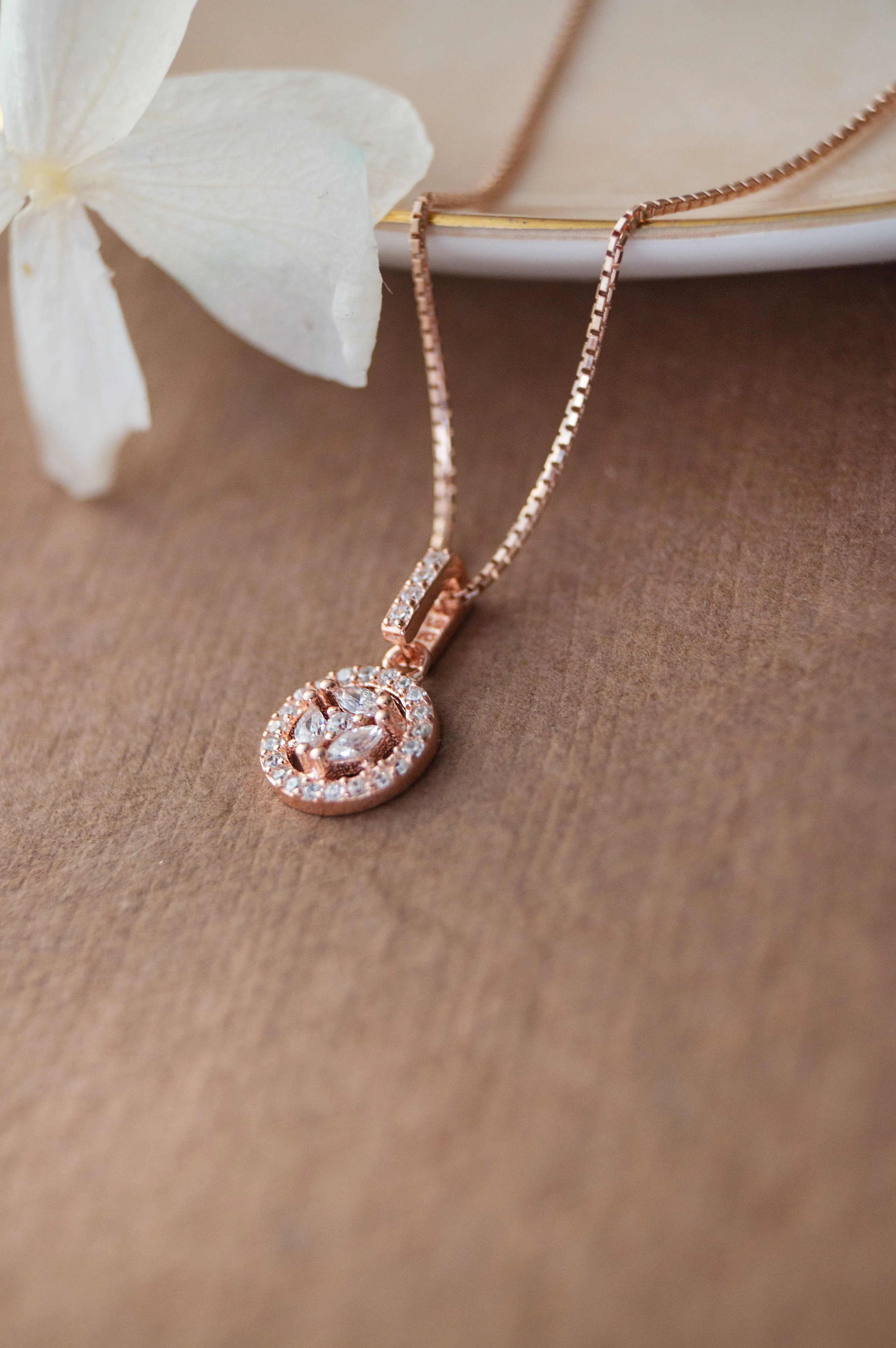 Circular Floret Rose Gold Plated Sterling Silver Pendant Set