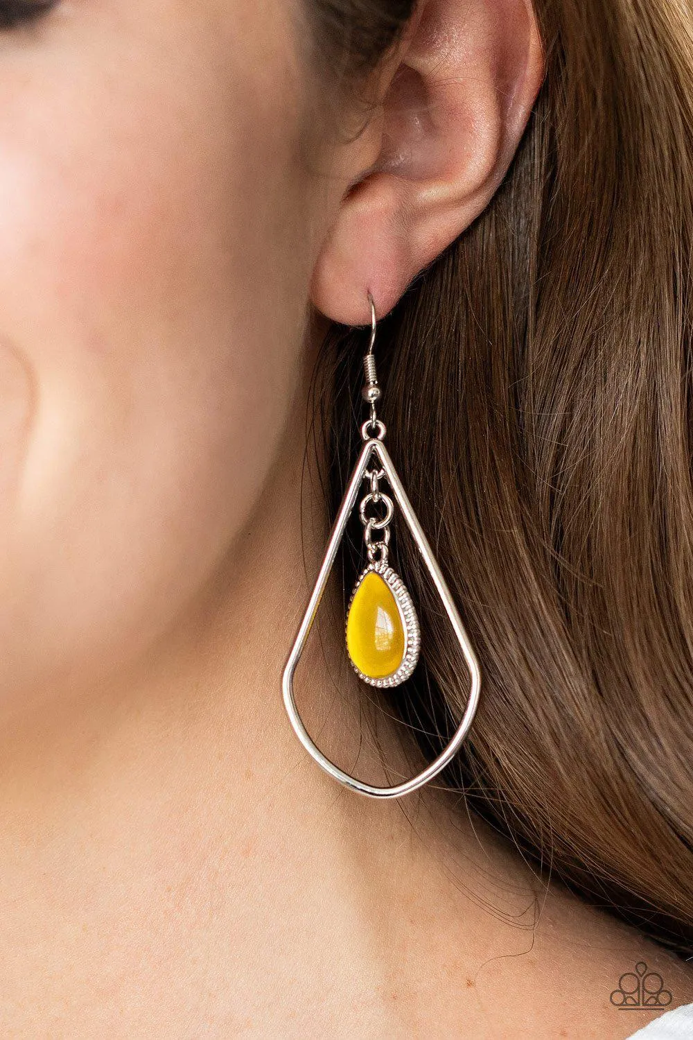 Ethereal Elegance Yellow Cat's Eye Teardrop Earrings - Paparazzi Accessories