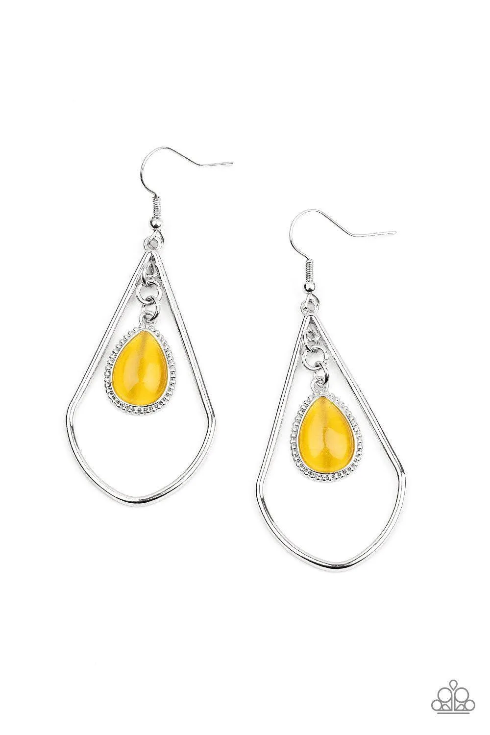 Ethereal Elegance Yellow Cat's Eye Teardrop Earrings - Paparazzi Accessories