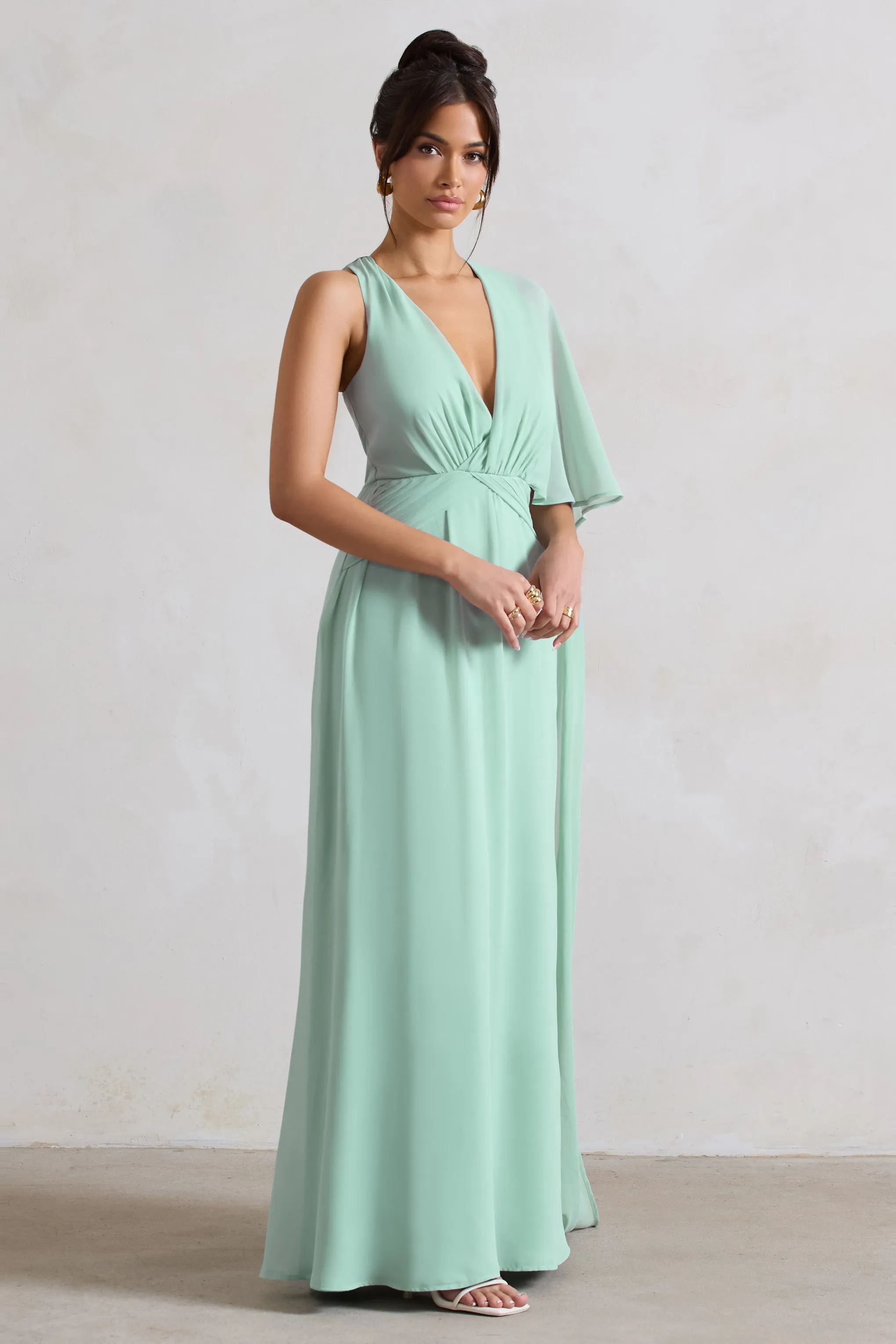 Fairytale | Sage Plunge-Neck Chiffon Maxi Dress With Cape Sleeve