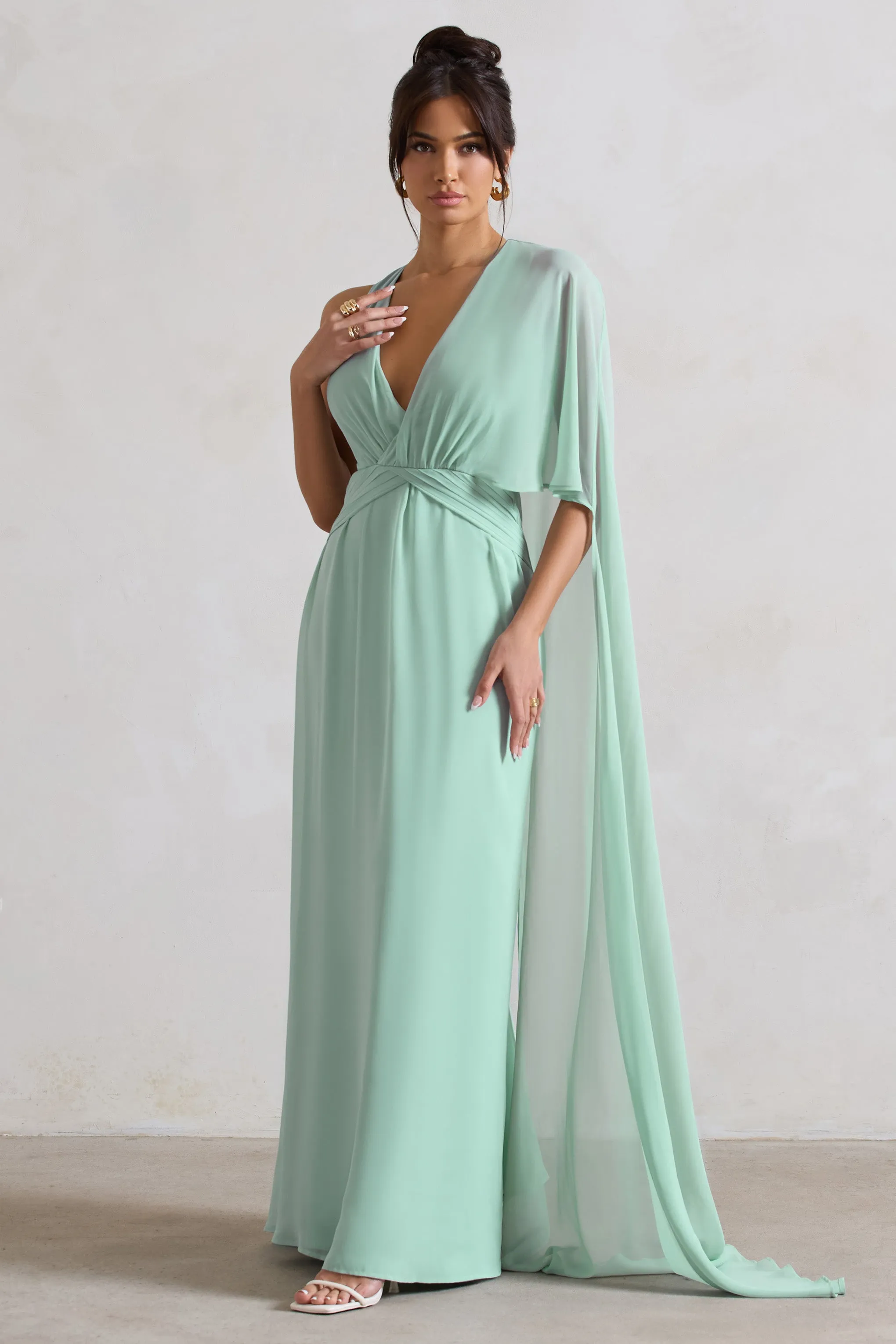 Fairytale | Sage Plunge-Neck Chiffon Maxi Dress With Cape Sleeve