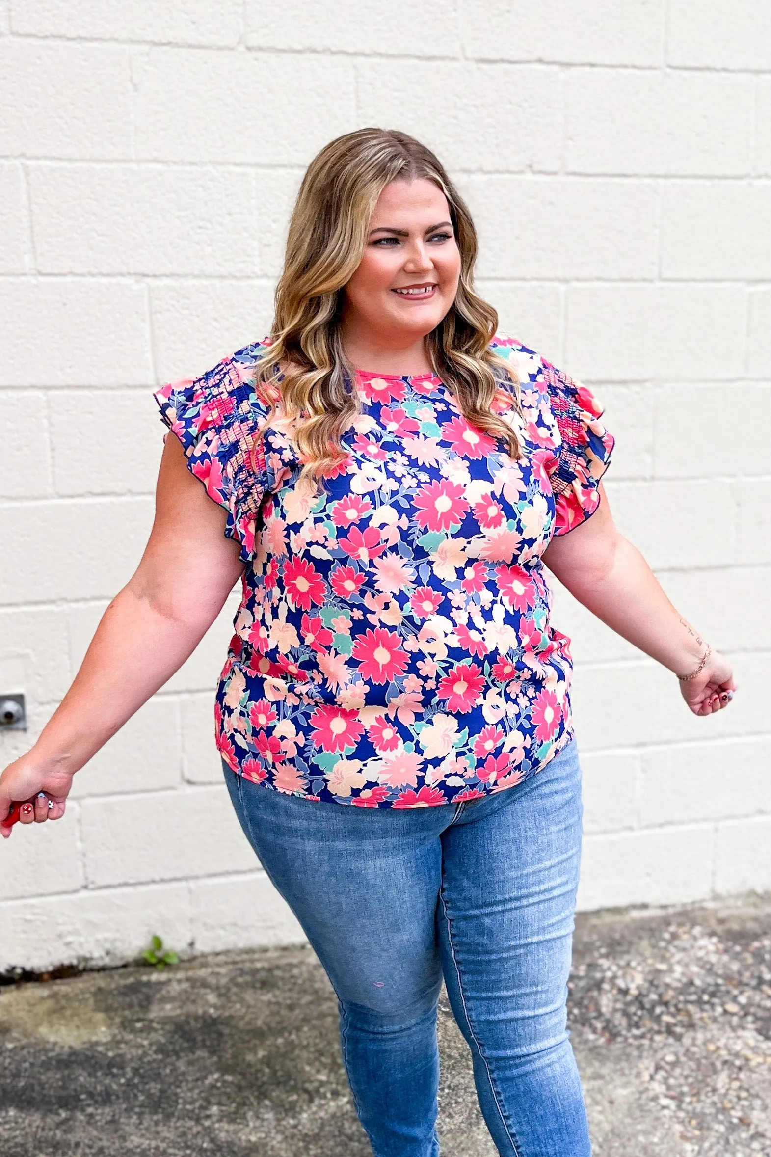 Floral Field Ruffle Sleeve Top, Navy