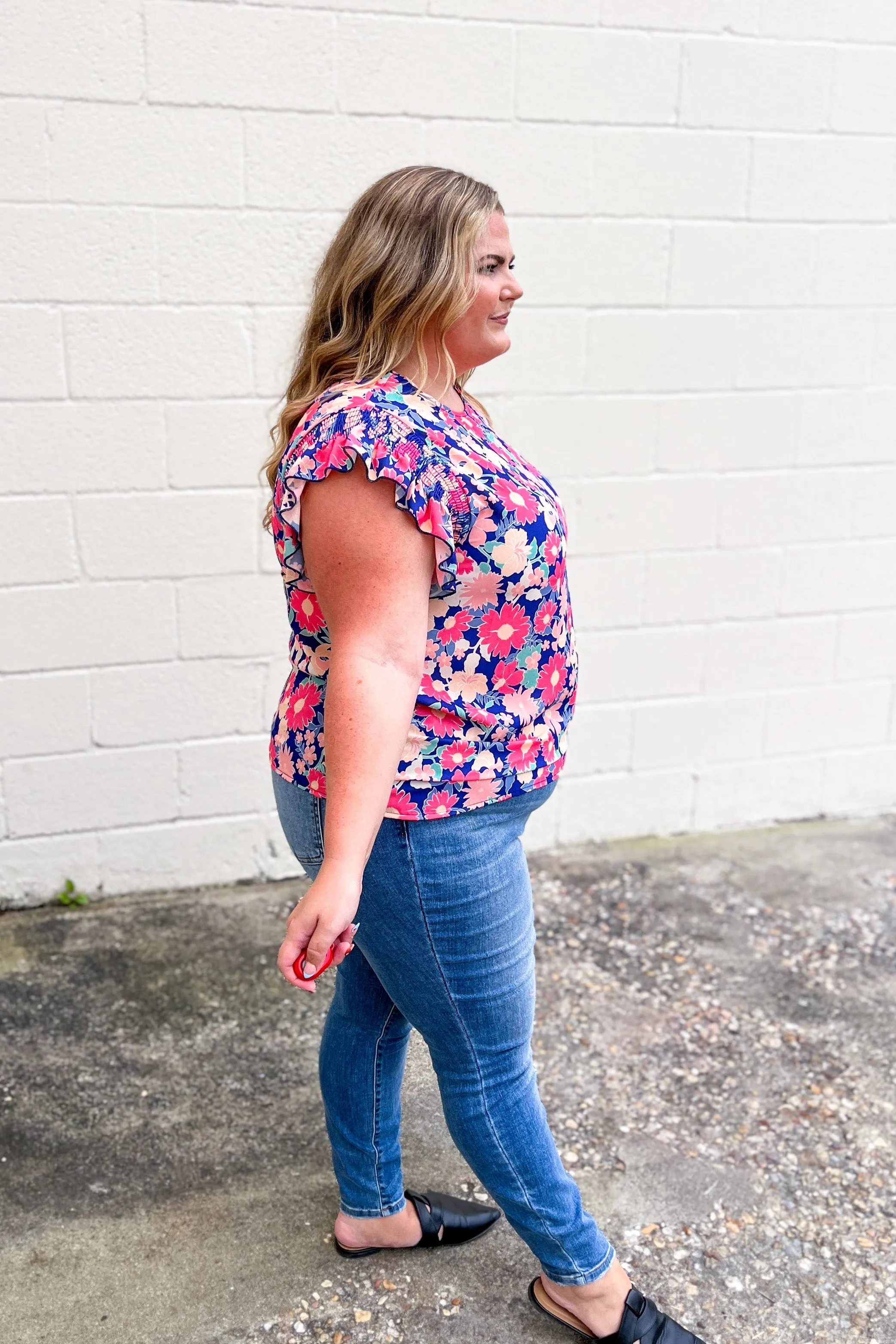 Floral Field Ruffle Sleeve Top, Navy