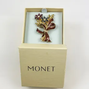 Monet Rhinestone & Enamel Floral Brooch NIB