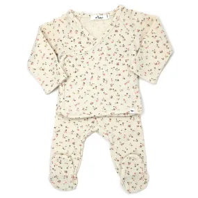 oh baby! Kimono Two Piece Footie Set - Waffle Knit - Roses - Cream