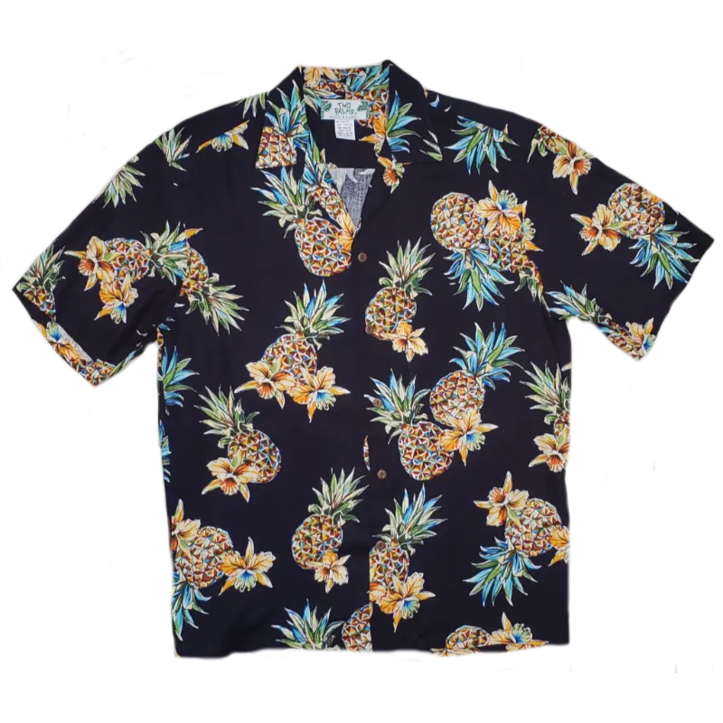 Pineapple and Orchid Vintage Inspired Rayon Hawaiian Shirt | Black