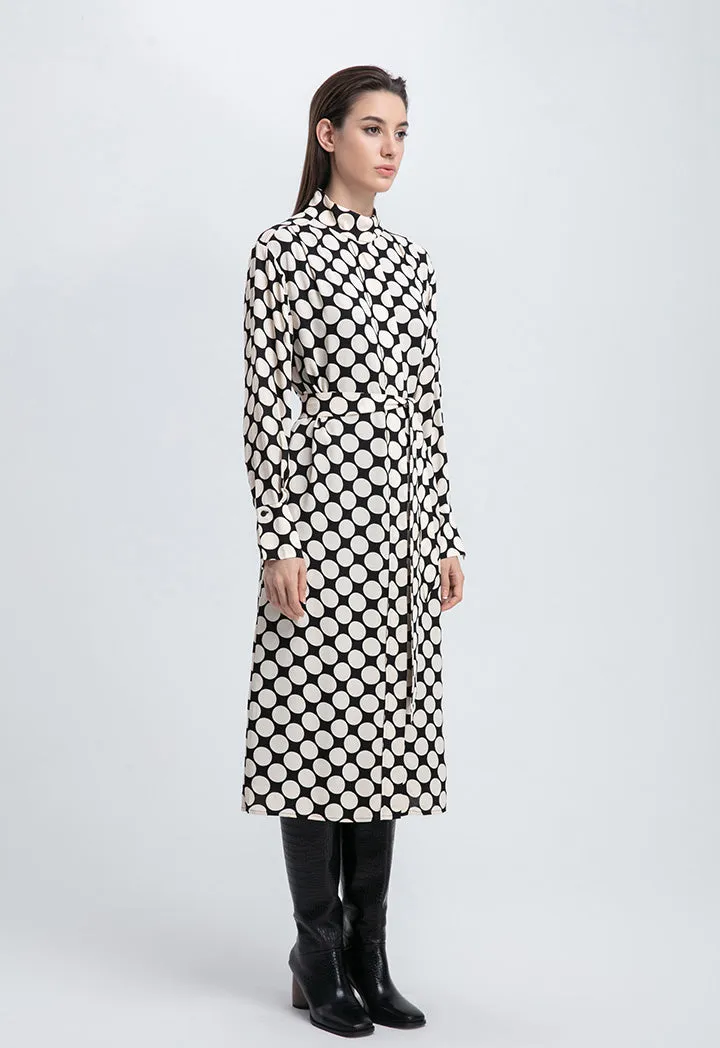 Polka-Dot Stand Collar Concealed Button Placket Dress