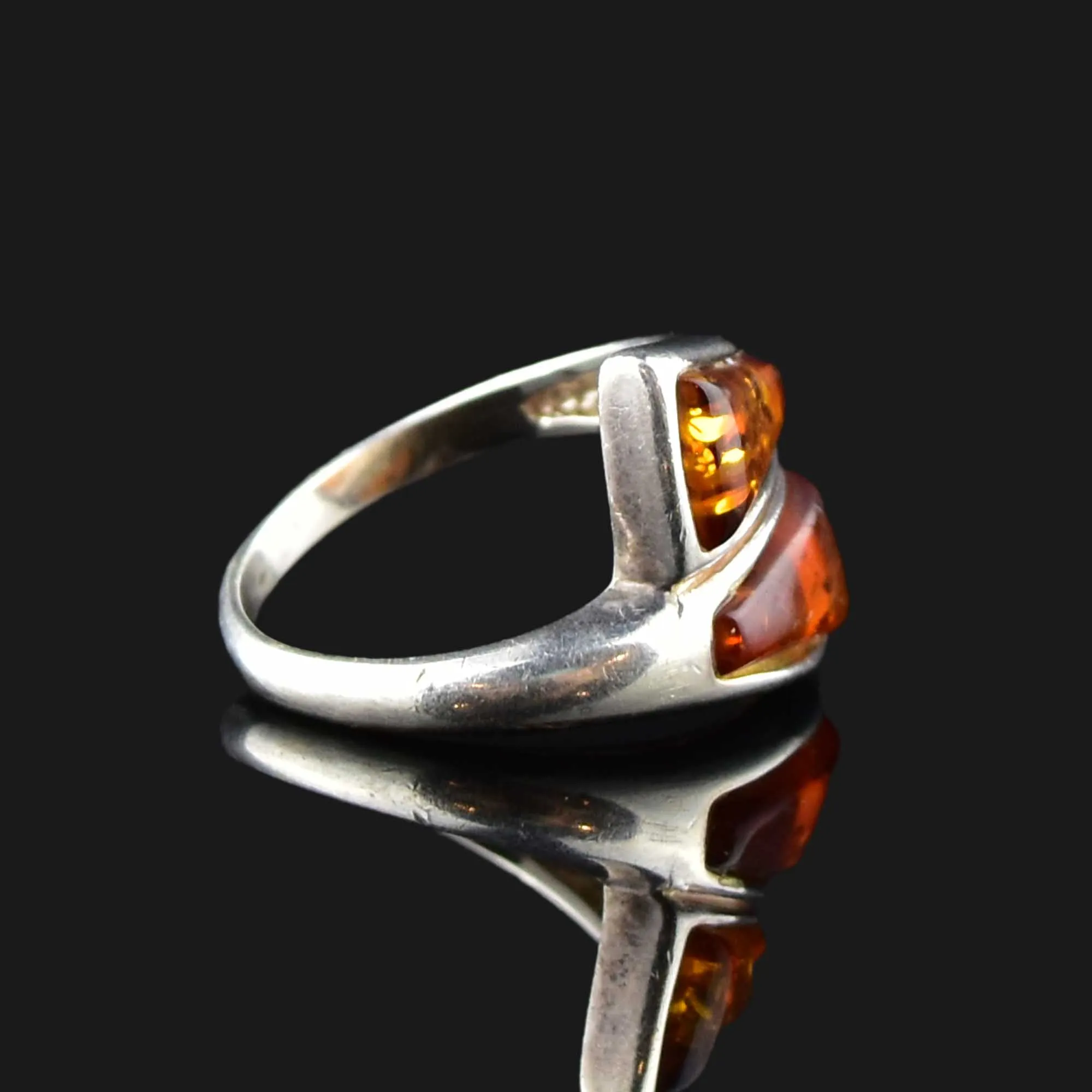 Silver Amber Bypass Style Ring, Sz 7.75