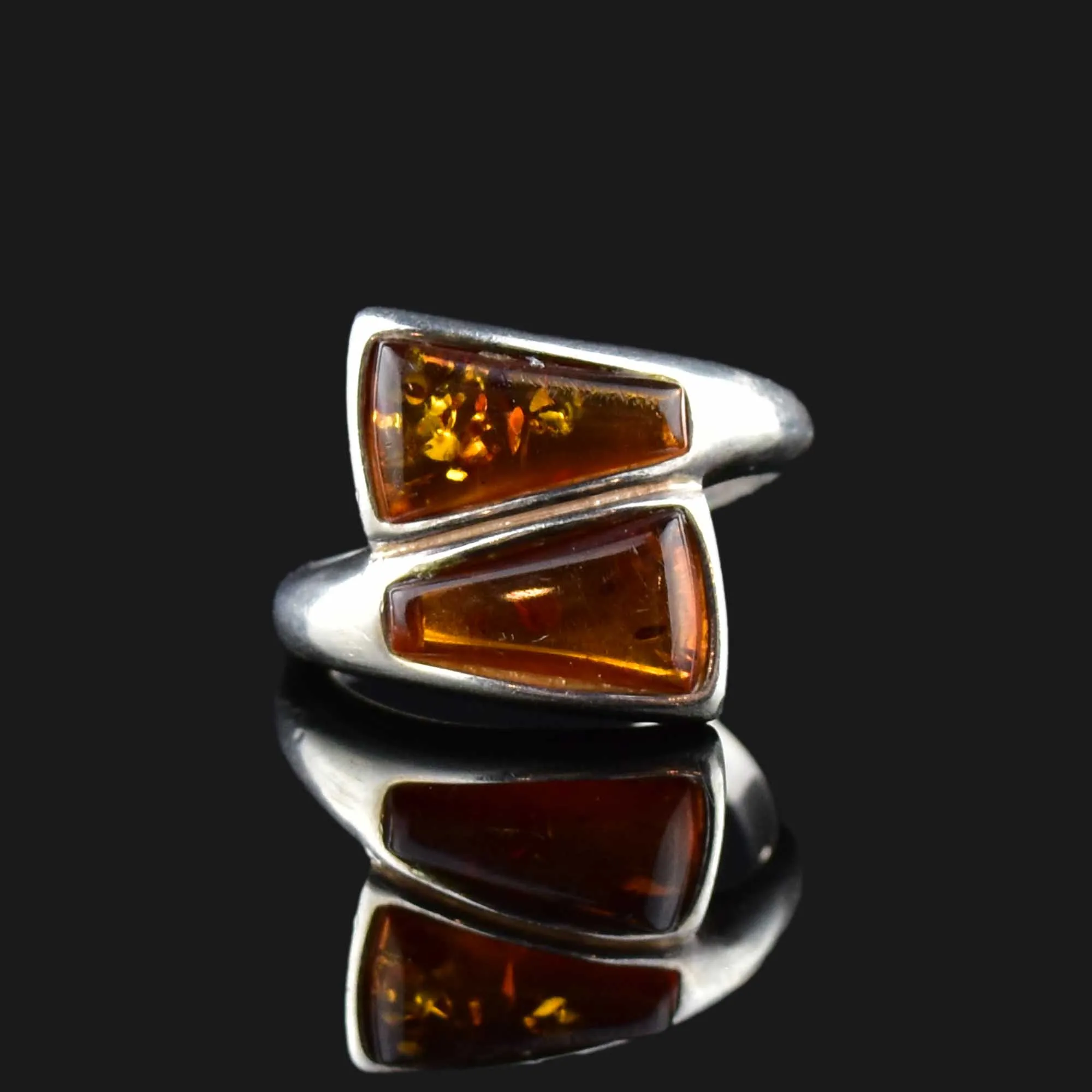 Silver Amber Bypass Style Ring, Sz 7.75