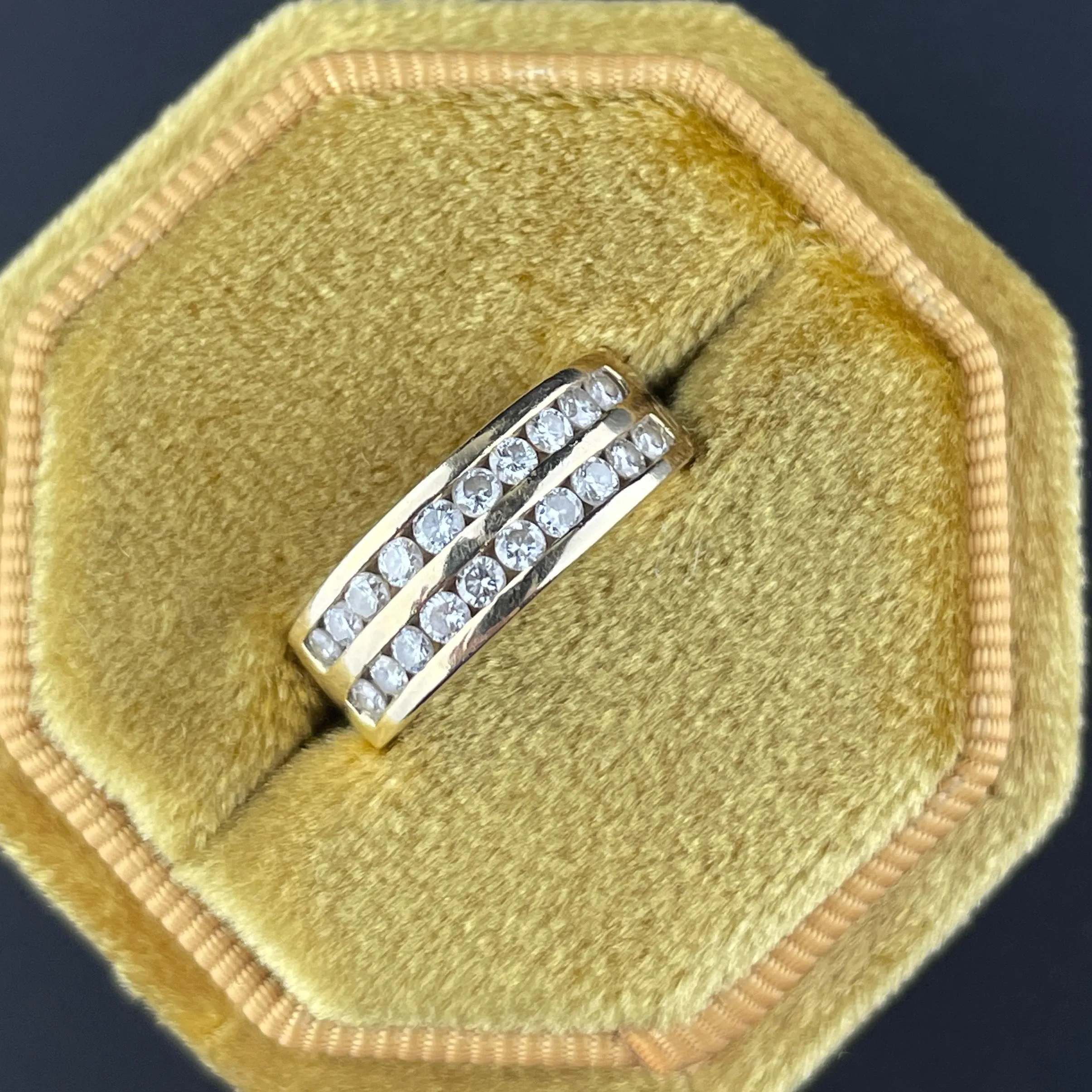 Solid 14K Gold Diamond Two Row Half Eternity Wide Band Ring, Sz 4