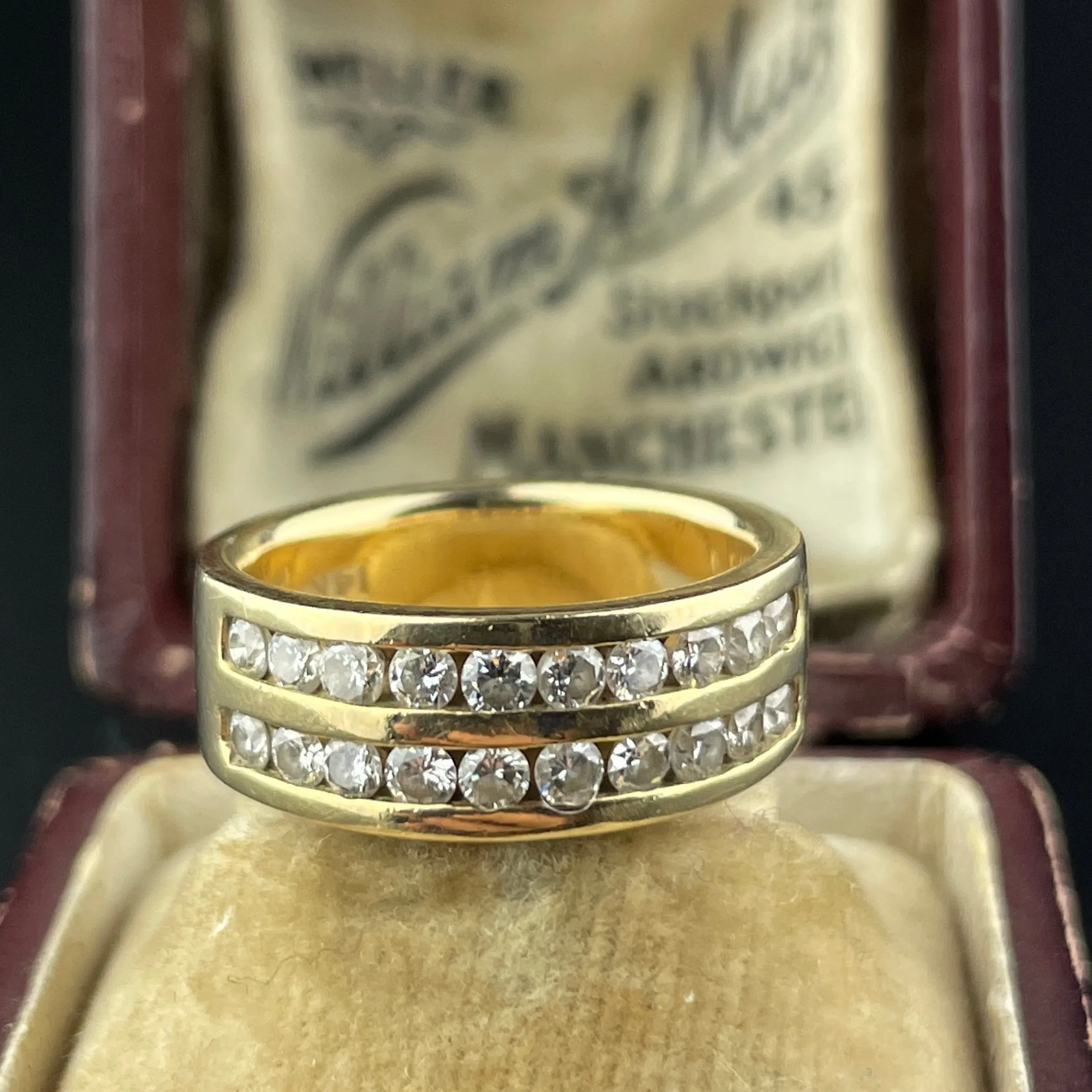 Solid 14K Gold Diamond Two Row Half Eternity Wide Band Ring, Sz 4