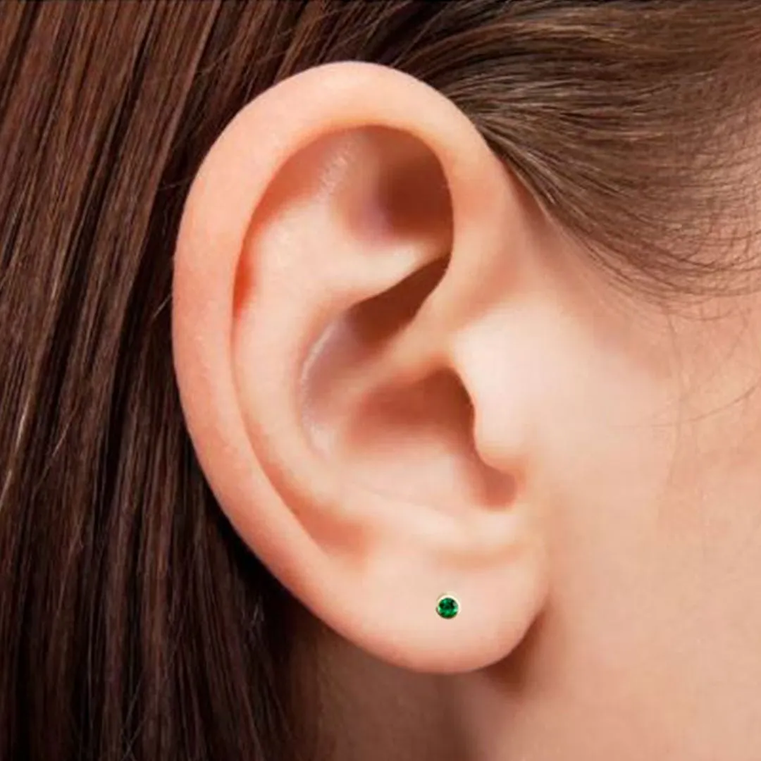 Tiny Green Emerald Bezel Set 14k Yellow Gold Stud Earrings, Ready to Ship