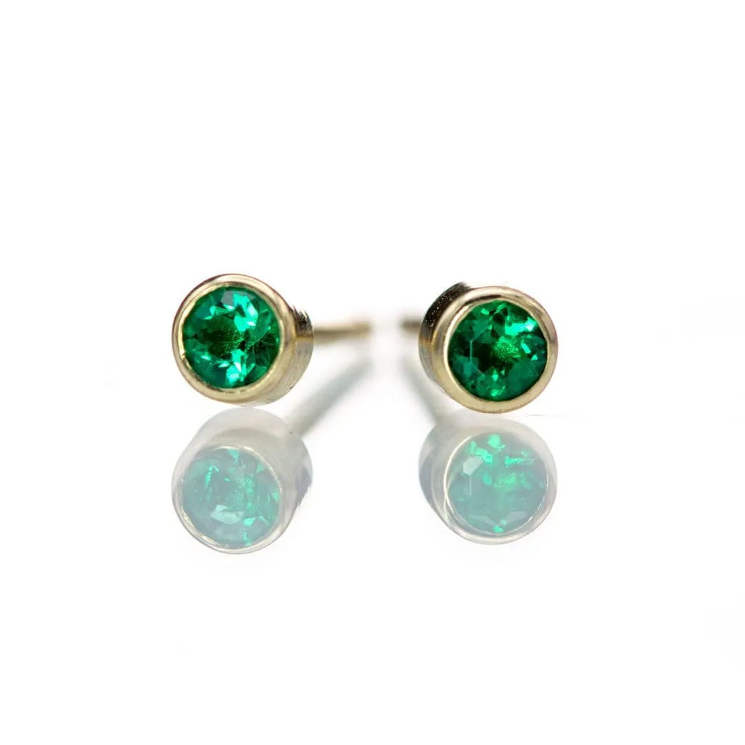 Tiny Green Emerald Bezel Set 14k Yellow Gold Stud Earrings, Ready to Ship