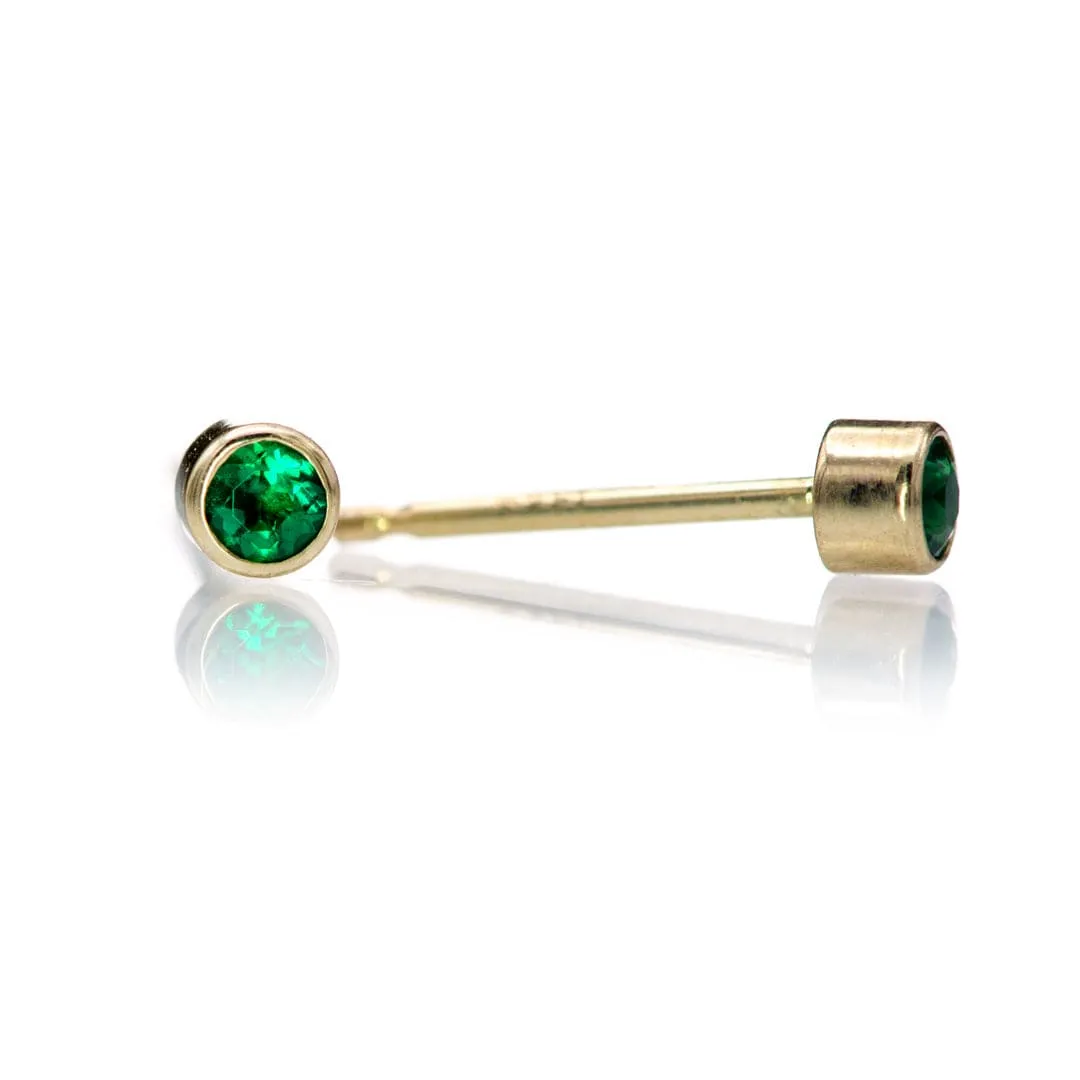 Tiny Green Emerald Bezel Set 14k Yellow Gold Stud Earrings, Ready to Ship