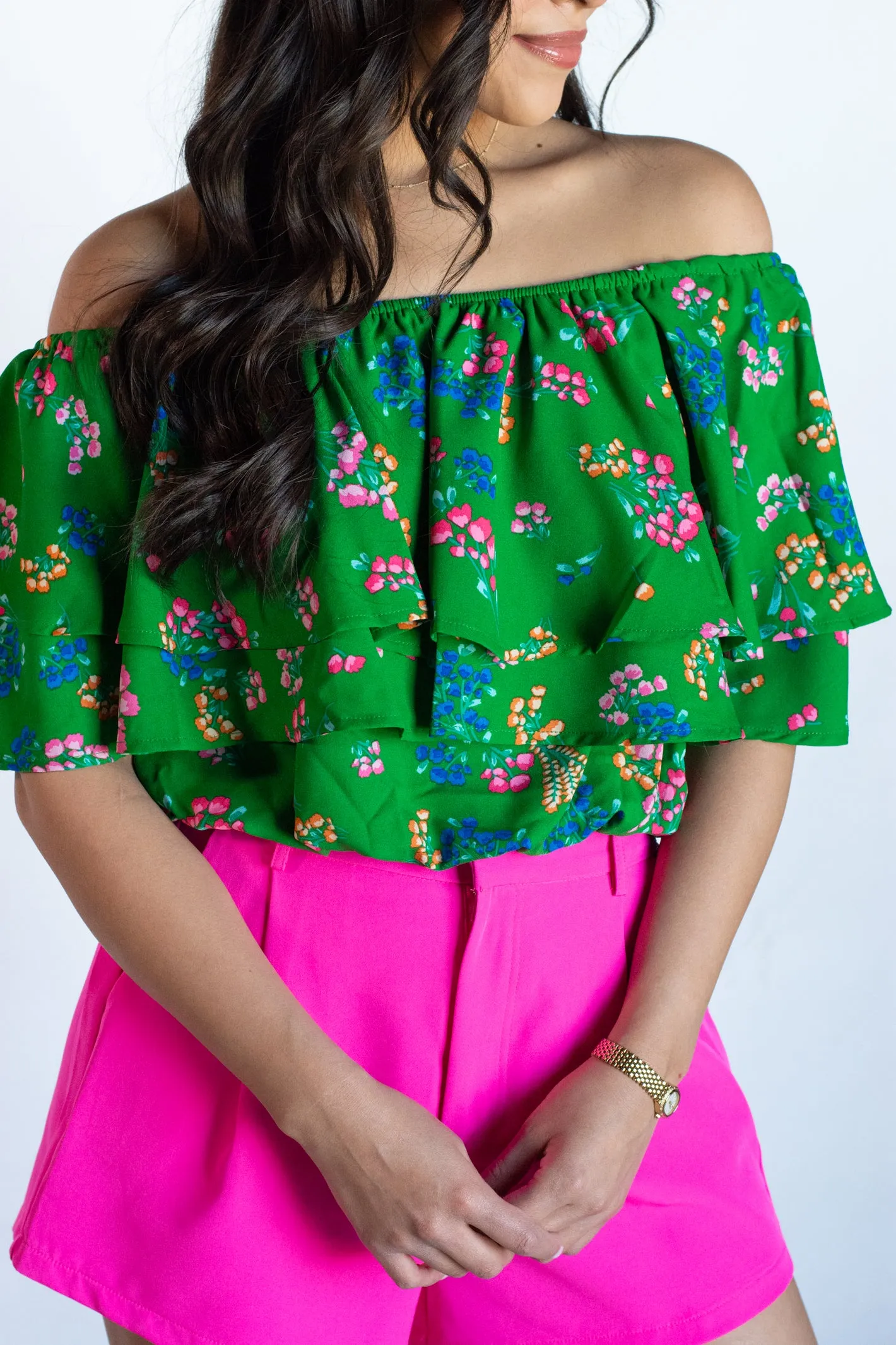 Tropical Blooms Off Shoulder Ruffle Floral Top