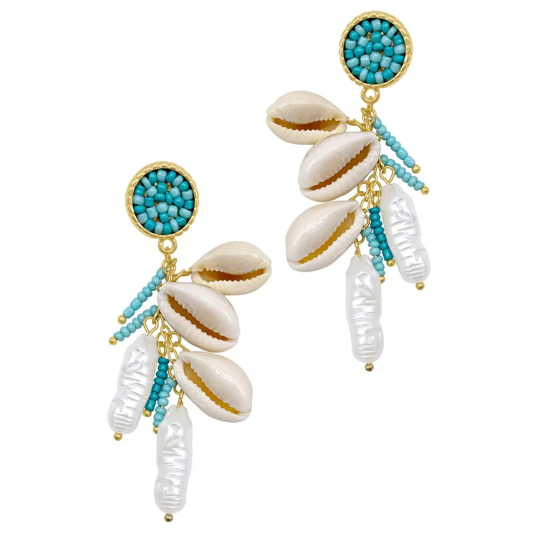 Turquoise Beaded Seashell and Pearl Drop Earrings gold