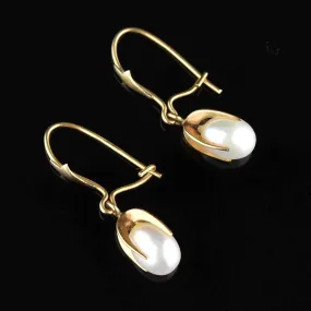 Vintage Art Deco Style 14K Gold Pearl Dangle Earrings