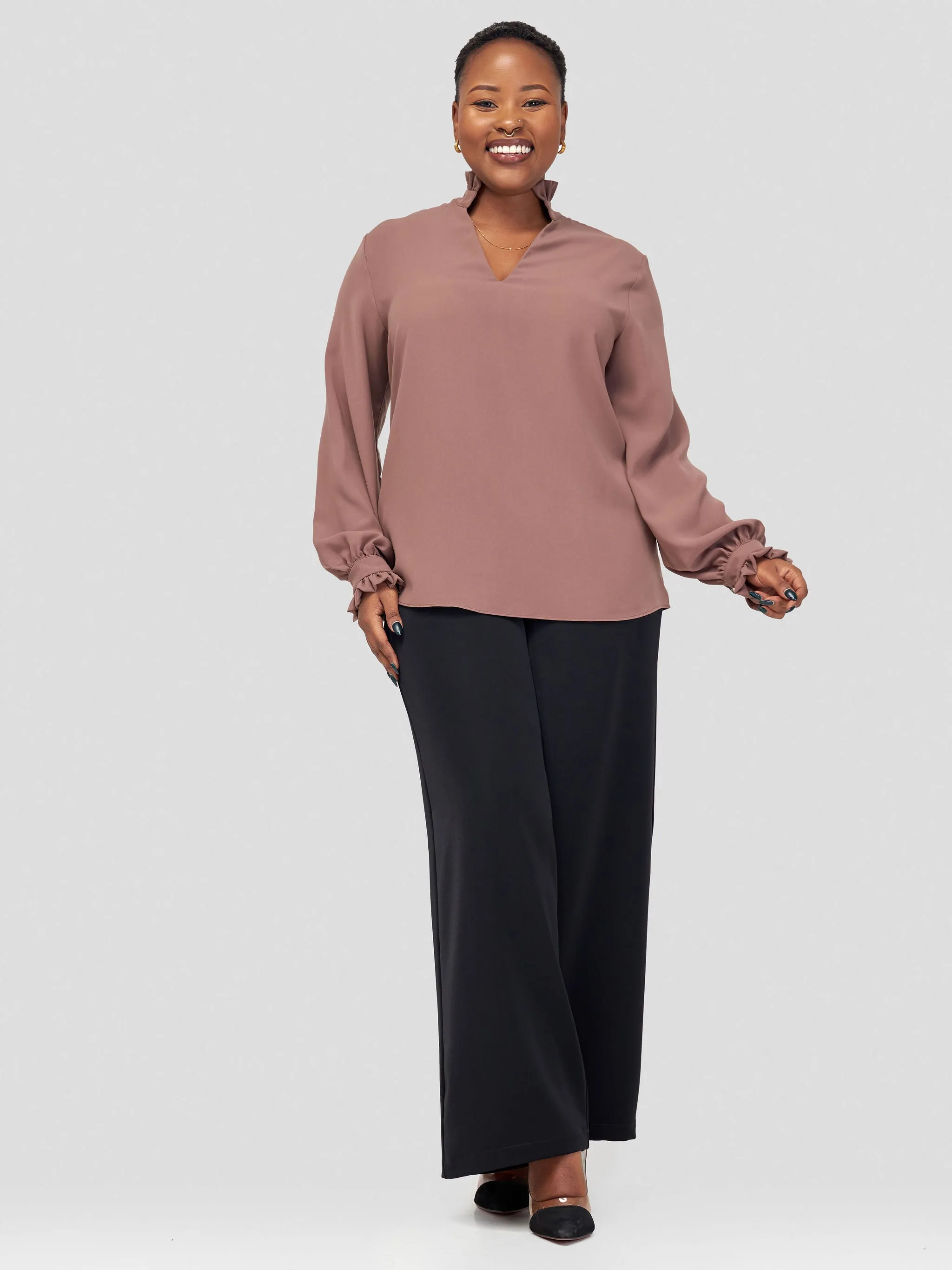 Vivo Sani Long Sleeve V-Neck Ruffle Top - Dark Taupe