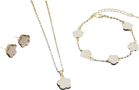 White/Gold 3 Piece Clover Bracelet/necklace/earrings Set